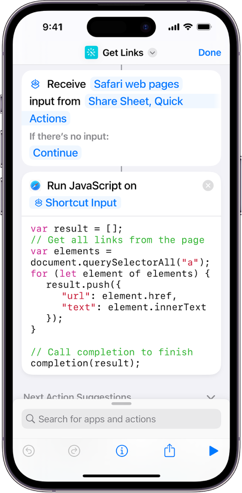 The Run JavaScript on Web Page action in the shortcut editor.