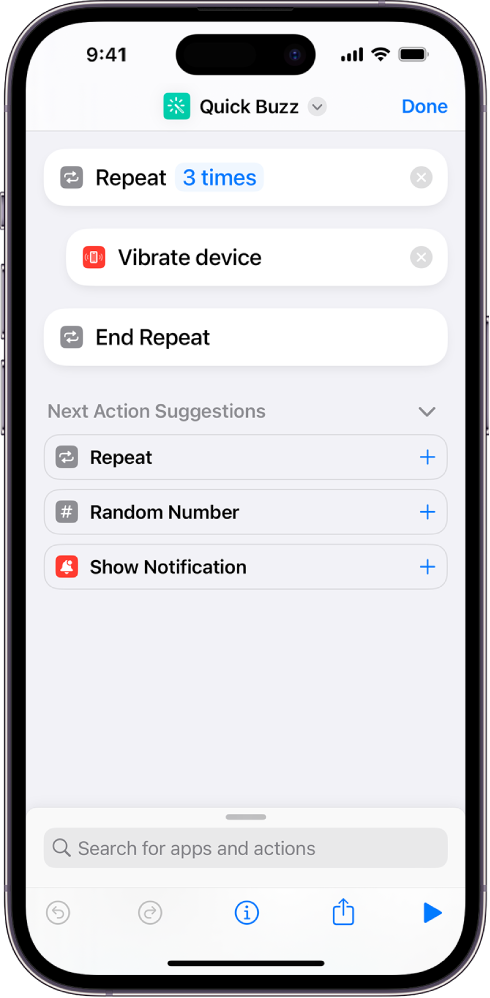 Vibrate Device action set to repeat three times.