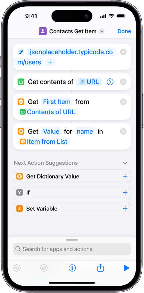 Get Dictionary Value action in the shortcut editor with the key set to name.