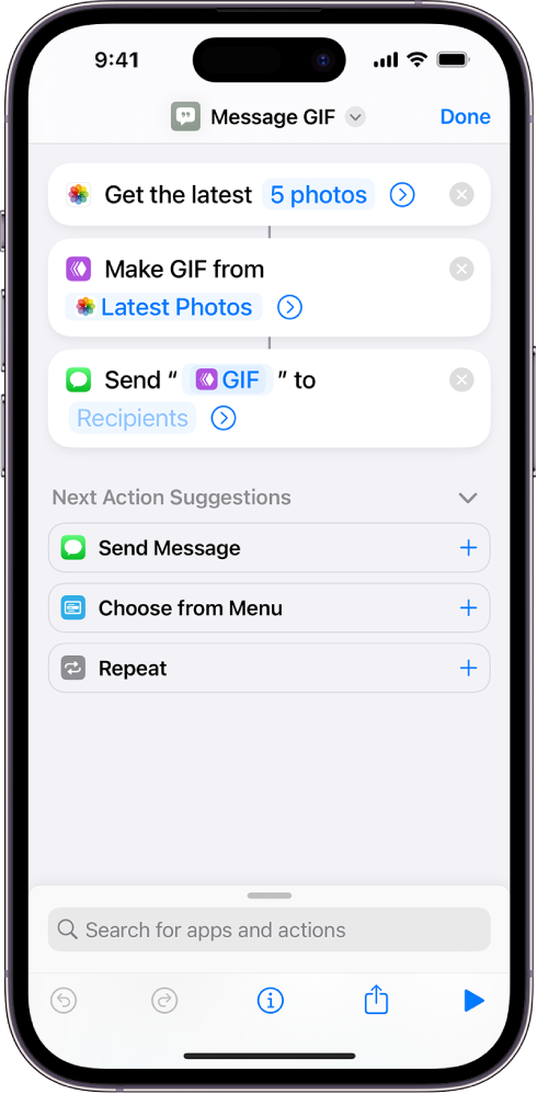 El editor de atajos mostrando acciones para enviar un mensaje con fotos como una imagen GIF animada.