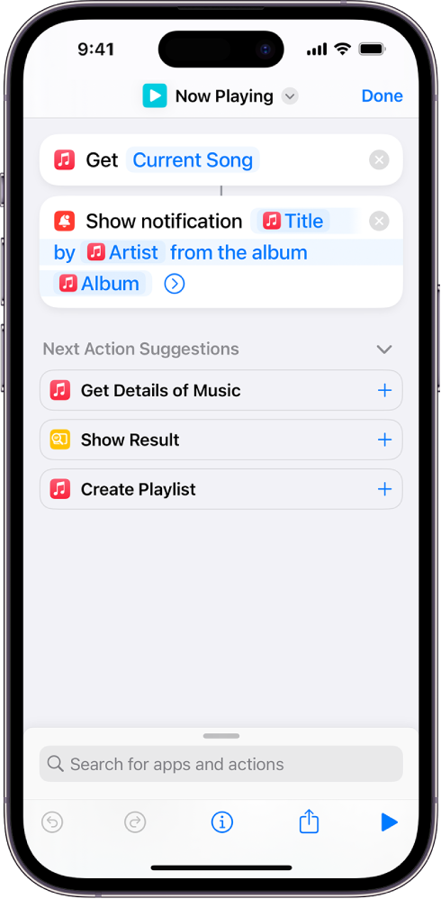 Action « Afficher la notification » dans l’éditeur de raccourci et alerte Musique « À l’écoute » appelée par l’action « Afficher la notification ».