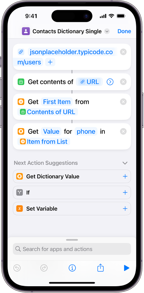 Action « Obtenir la valeur du dictionnaire » dans l’éditeur de raccourcis avec la clé définie sur « phone ».