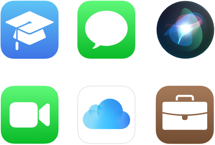 여섯 가지 Apple 서비스인 Apple School Manager, iMessage, Siri, FaceTime, iCloud 및 Apple Business Manager 아이콘.