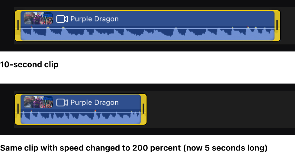 Un clip en la línea de tiempo con la mitad de duración después de haber aplicado un ajuste de velocidad del 200 por ciento.