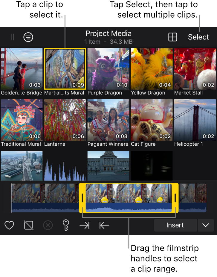 El explorador multimedia mostrando un clip seleccionado y su tira de fotogramas en la parte de abajo con un intervalo seleccionado, y el botón Seleccionar para elegir varios clips al mismo tiempo.