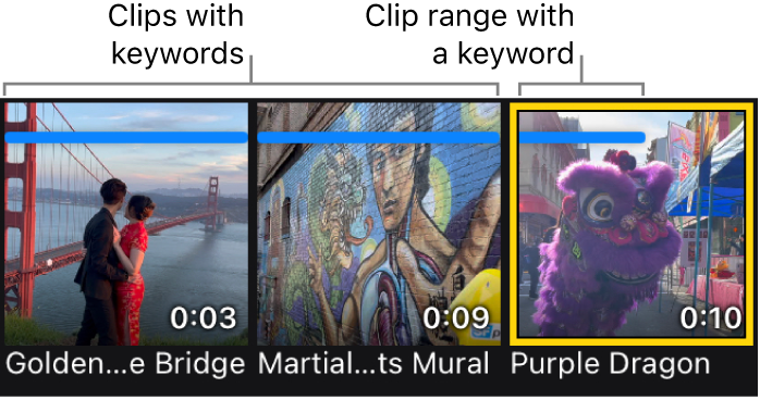 メディアブラウザのサムネール。クリップにキーワードが追加されていることを示す水平の青いバーが上部にあるクリップが表示されています。