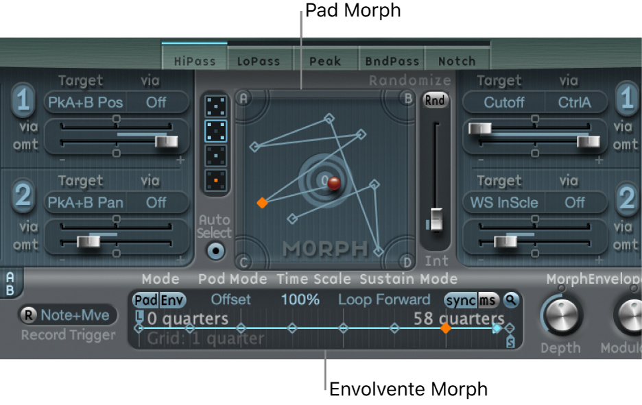 Ilustración. Superficie Morph y pantalla “Morph Envelope”, ambas con el punto seleccionado.
