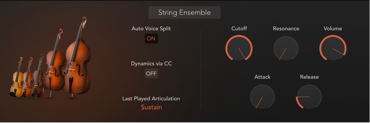 Ilustración. Ventana de Studio Strings, con la sección “String Ensemble”.