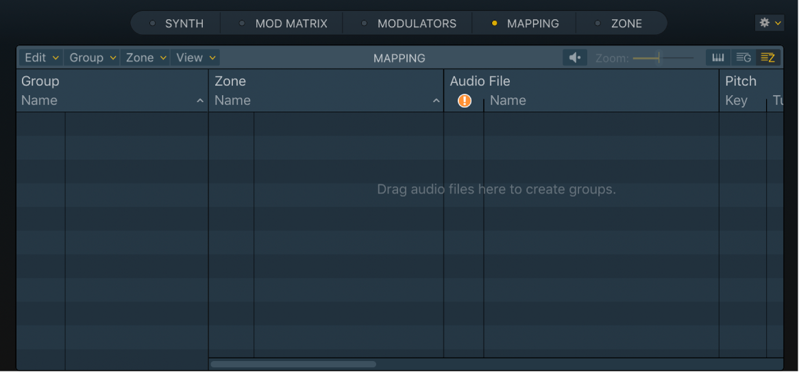 Figure. Présentation Zone vide dans Sampler, avec message invitant l’utilisateur à y déposer des fichiers audio.