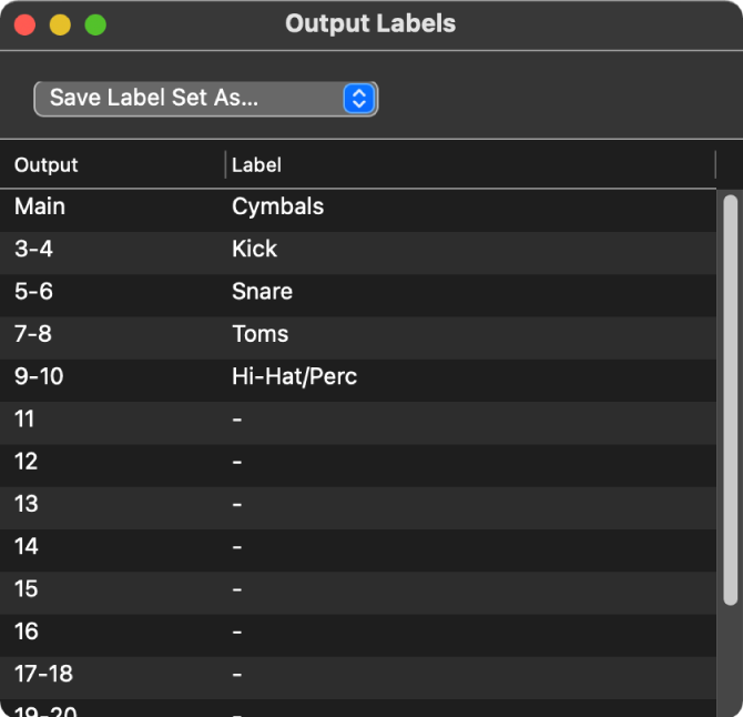 Figure. Fenêtre Output Labels pour les zones et les groupes affichant les noms de sortie et les étiquettes des groupes.