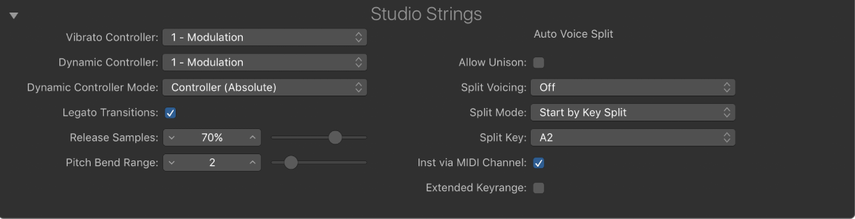 Figure. Paramètres étendus de Studio Strings.