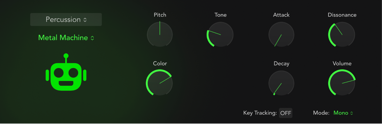 図。Drum Synthのインターフェイス。パーカッションのサウンドと関連パラメータが表示されています。異なるパーカッションサウンドを選択すると、パラメータが変更されます。