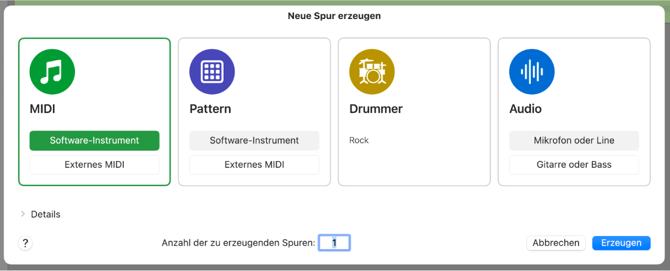 Abbildung. Das Dialogfenster „Neue Spuren“ mit den Tasten „MIDI“, „Pattern“, „Drummer“ und „Audio“