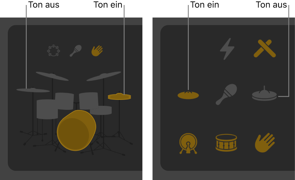 Abbildung. Drumkits mit aus- und eingeschaltetem Ton im Drummer-Editor