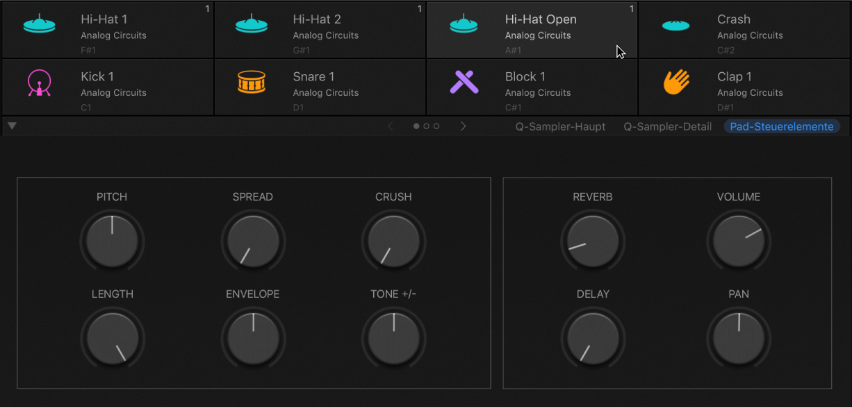 Abbildung. Drum Machine Designer mit ausgewähltem Pad und Smart Controls-Parametern von Kit-Elementen