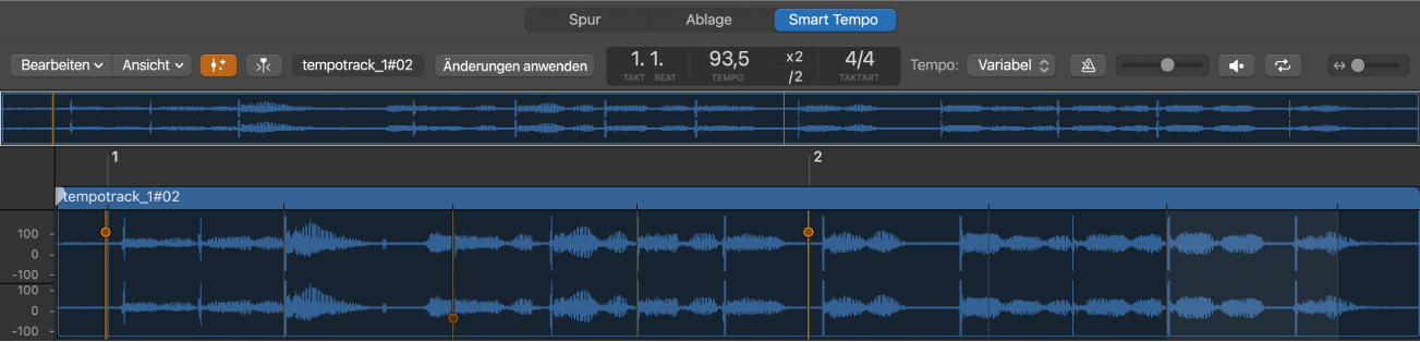 Abbildung. Editor „Smart Tempo“ mit Audiodatei und Downbeat-Hinweisen
