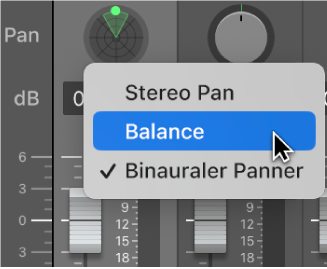 Kontextmenü des Drehreglers „Pan“ mit den Optionen „Stereo Pan“, „Balance“ und „Binauralerl Panner“.