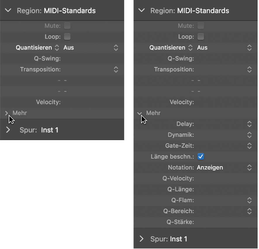 Abbildung. Quantifizierungsparameter für Audio- und MIDI-Regionen im Informationsfenster „Region“