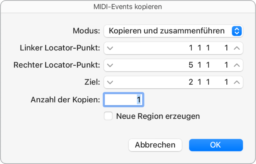 Abbildung. Dialogfenster „MIDI-Events kopieren“