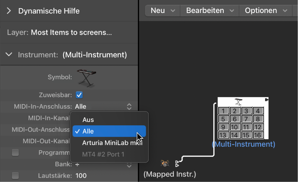 Abbildung. Einblendmenü „Port“ im Informationsfenster „Objekt“ mit Anzeige der Optionen für den MIDI-Ausgang