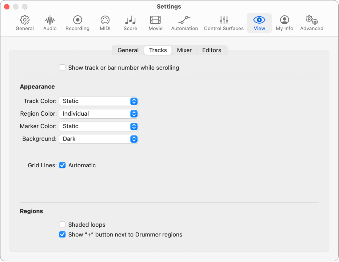 Figure. Tracks View settings.