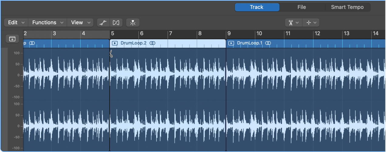 Figure. Splitting region in the Audio Track Editor using the Scissors tool.