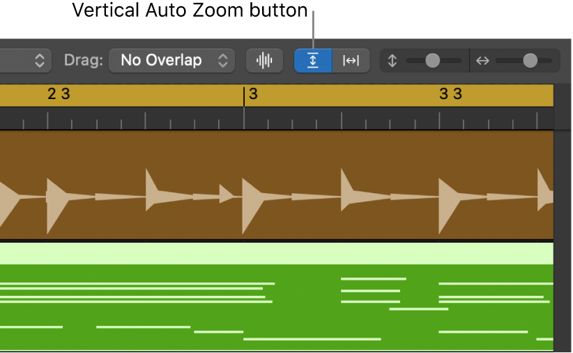 Waveform Zoom, Vertical Auto Zoom and Horizontal Auto Zoom controls in the Tracks Area menu bar.