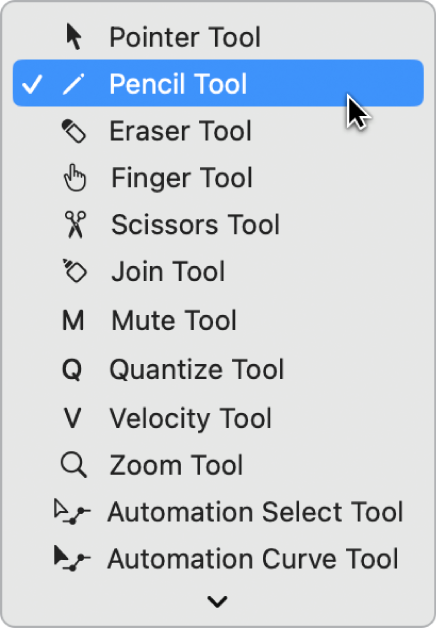 Figure. The Tool menu in the Piano Roll Editor, with the Pencil tool selected.