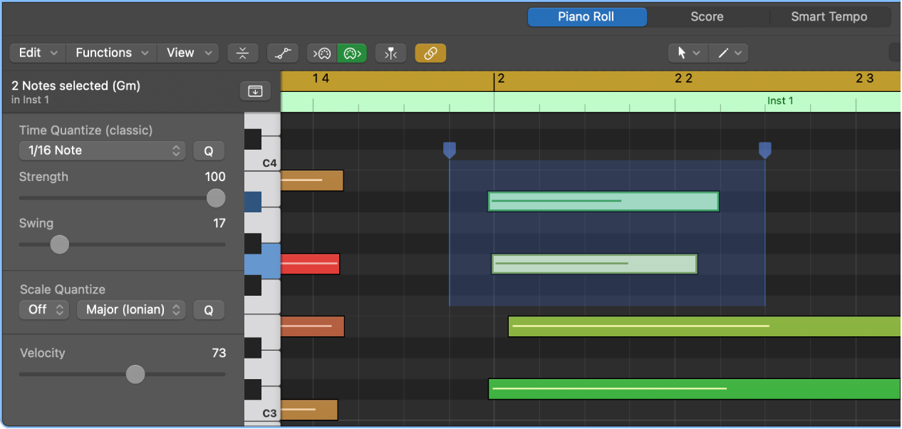 Figure. Piano Roll Editor, showing time handles.