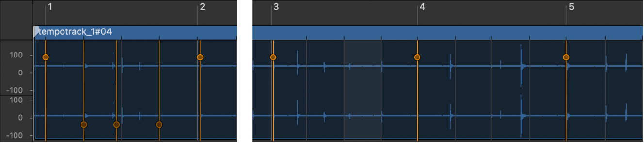 Figure. Smart Tempo Editor showing how to add a tempo range, with hints on each beat of a bar, and on downbeats in three consecutive bars.