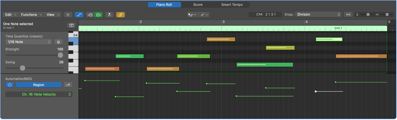 Figure. Automation/MIDI area showing region automation with MIDI parameter showing.