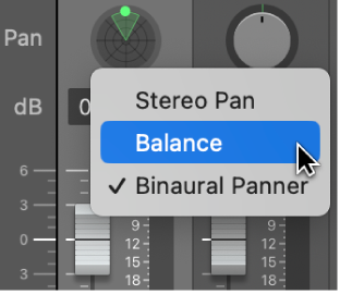 Shortcut menu for a Pan knob showing Stereo Pan, Balance, and Binaural Panner options.