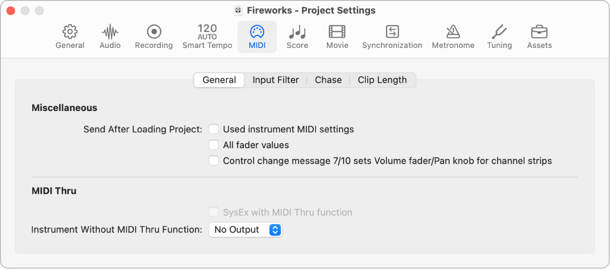 Figure. General MIDI project settings.