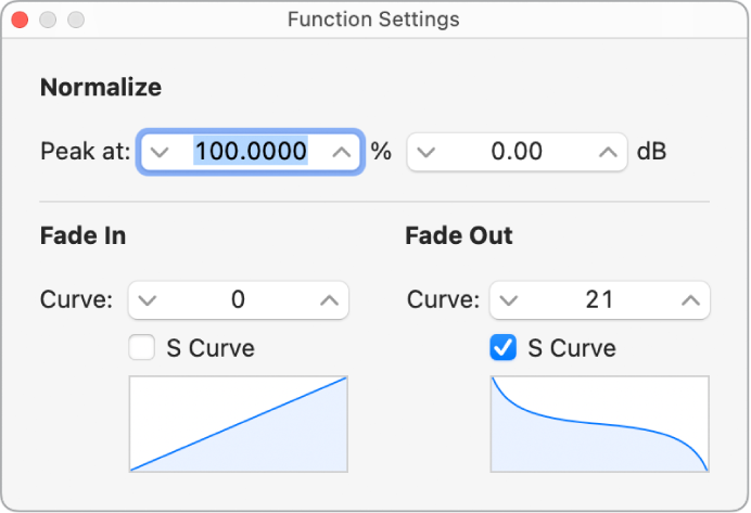 Figure. Function Settings window with s-shaped curve on Fade-Out.