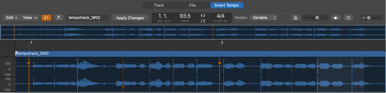 Figure. Smart Tempo Editor with audio file and downbeat hints.