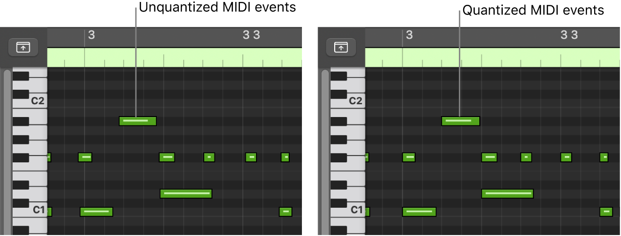 Figure. A pair of images showing unquantized and quantized MIDI events in the Piano Roll Editor.