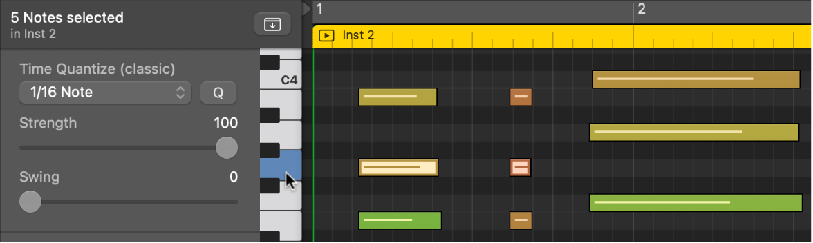 Figure. Selecting notes of same pitch by clicking on keyboard at left edge of Piano Roll Editor.