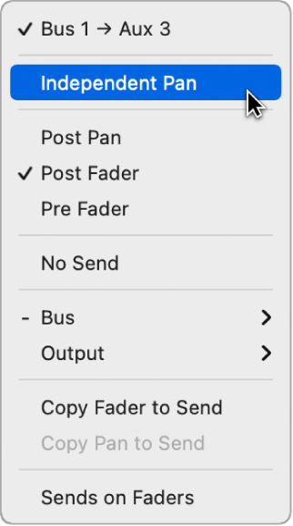 Figure. Independent Pan mode in Send pop-up menu.