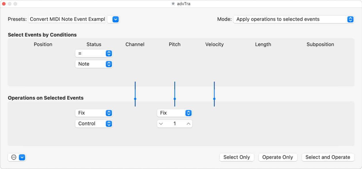 Figure. Transform window showing settings for converting MIDI note events to MIDI controller 1 events.