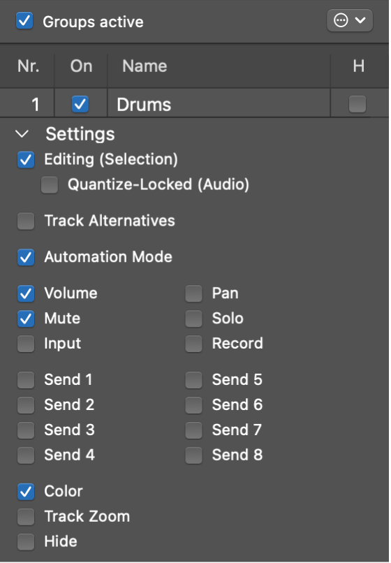 Figure. Groups menu showing Editing and Quantize-Locked (Audio) selected.