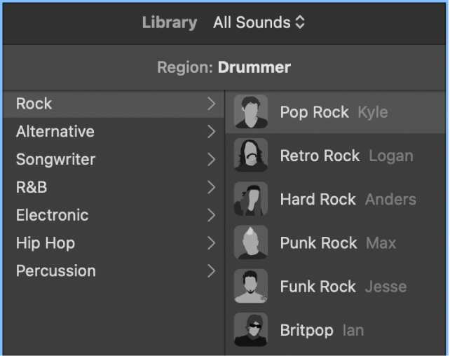Figure. Drummer Library showing genres and drummers.