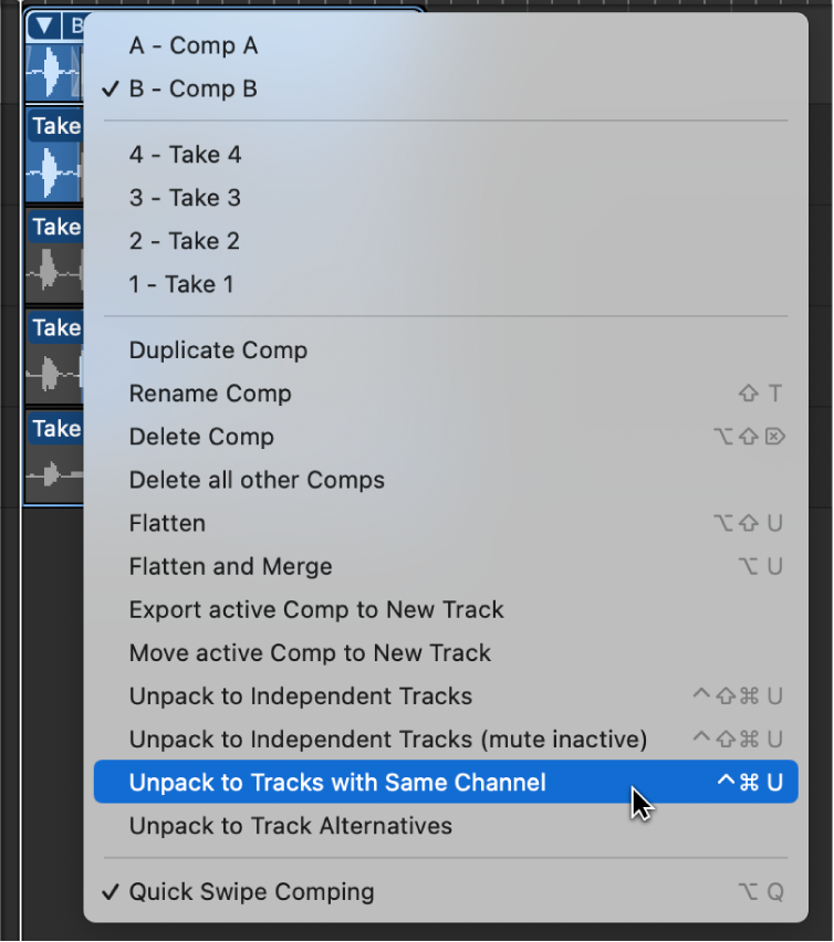 Figure. Choosing Unpack to Tracks with Same Channel from the pop-up menu.
