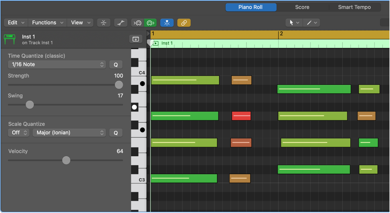 Figure. Quantizing notes in the Piano Roll Editor.