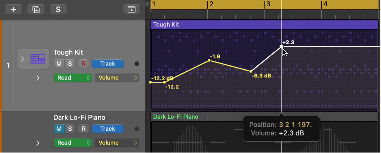 Figure. Showing a track’s volume and pan automation.
