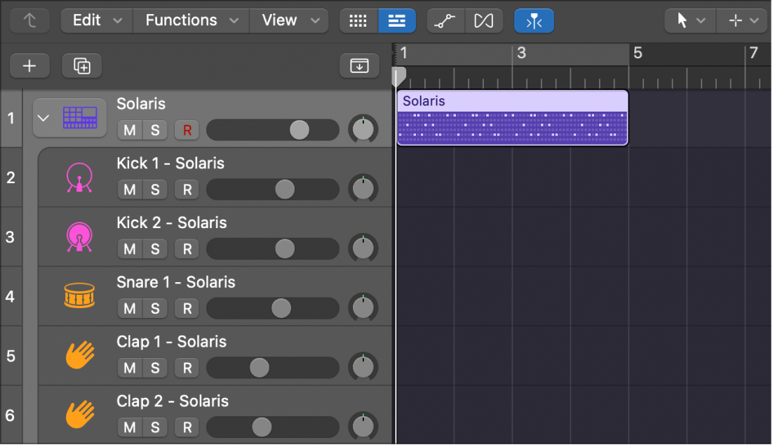 Drum Machine Designer track stack with pattern region, showing empty subtracks.