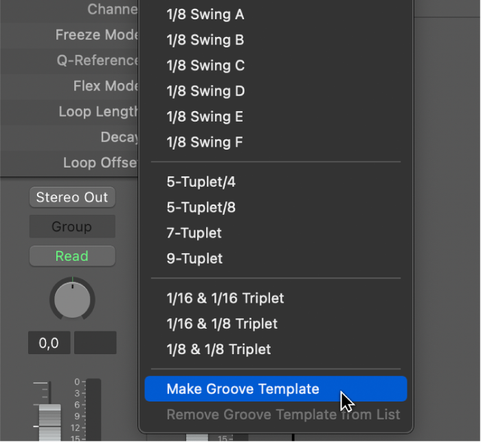 Figure. Make Groove Template selected in the Quantize pop-up menu.