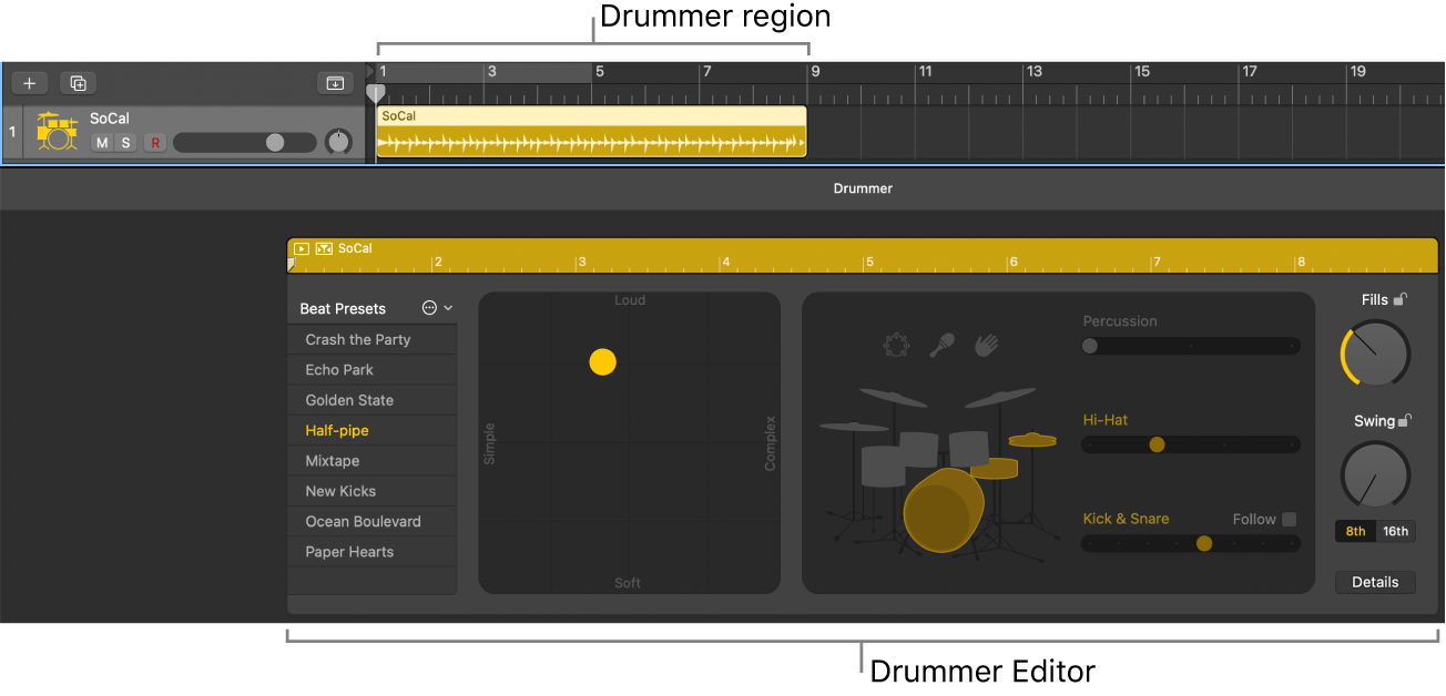 Figure. A software instrument track containing Drummer regions, and below that the Drummer Editor.