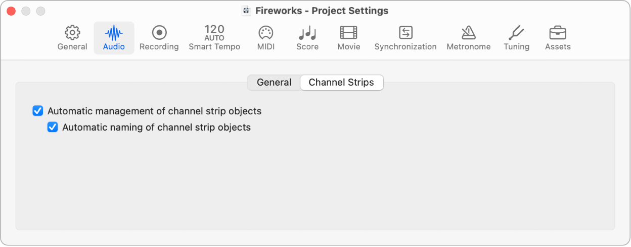 Figure. Channel Strips project settings.