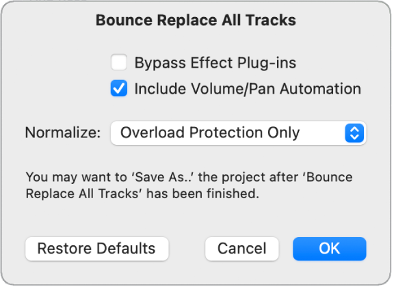 Figure. Bounce Replace All Tracks dialog.