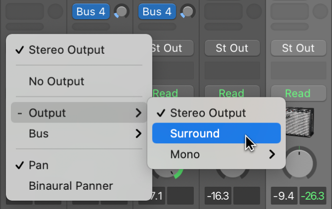 Figure. Choosing Surround from Output pop-up menu on channel strip.